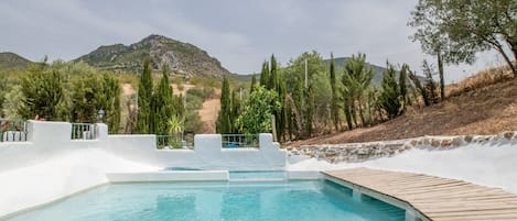 Una piscina con muelle de madera, rodeada de vegetación y montañas al fondo.