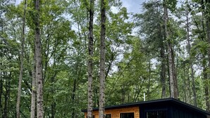 Eine Hütte mit einer Terrasse, umgeben von hohen Bäumen.