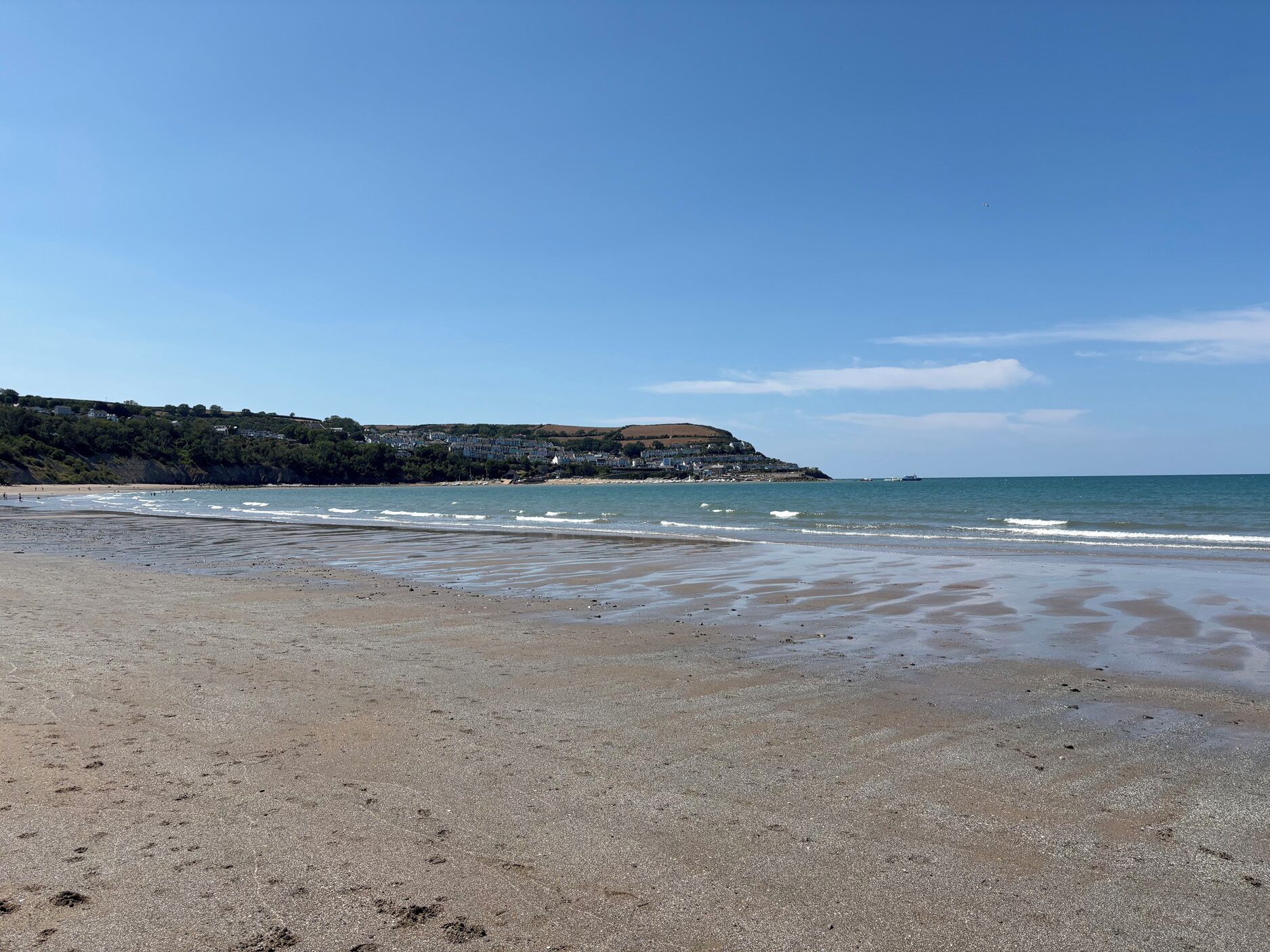 A beach with a clear sky, calm sea, and a distant town.