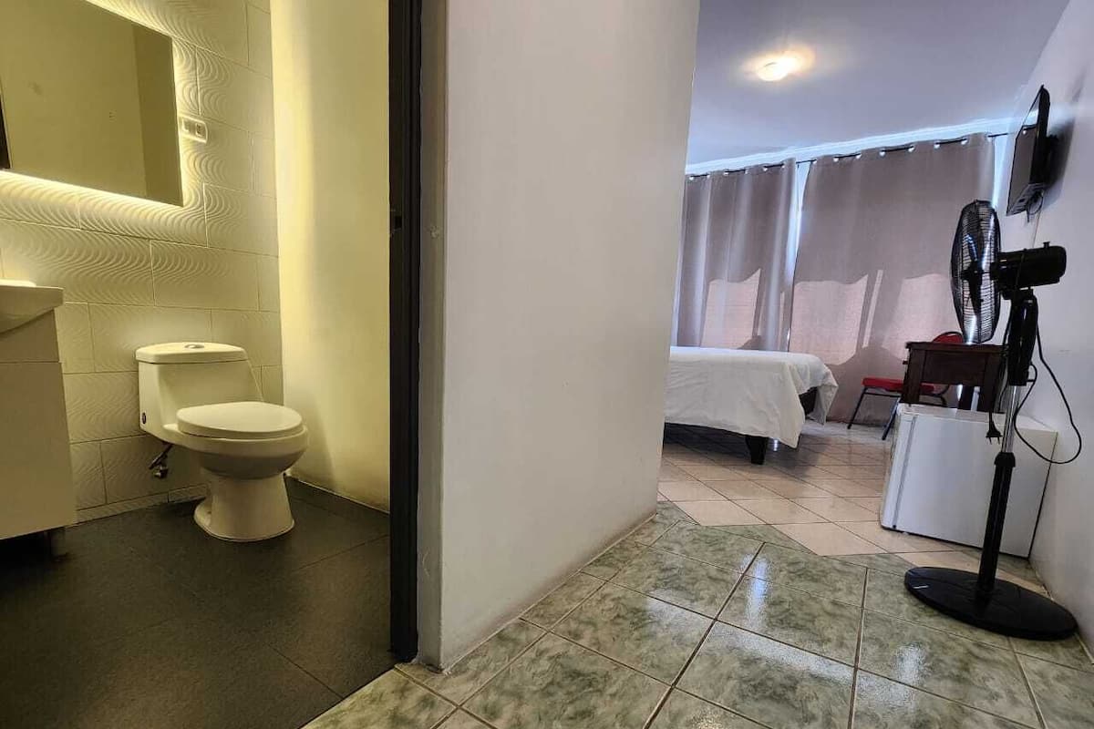 Habitación de hotel con inodoro, lavabo, cama y ventilador.