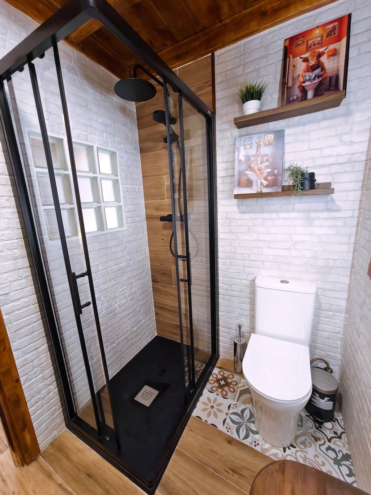 Shower, hair dryer, soap, toilet paper