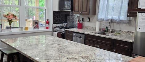 A kitchen with a large granite island, dark wooden cabinets, stainless steel appliances, and a window with a view of greenery.