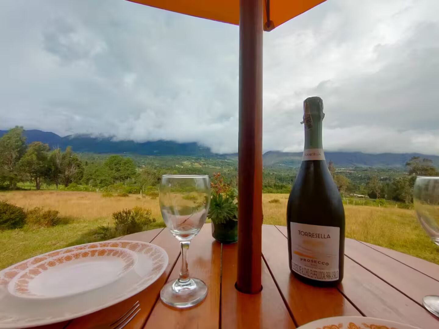 Une table avec une bouteille de Prosecco Torresella, un verre et une assiette, le tout placé devant un paysage pittoresque de montagnes et de champs.