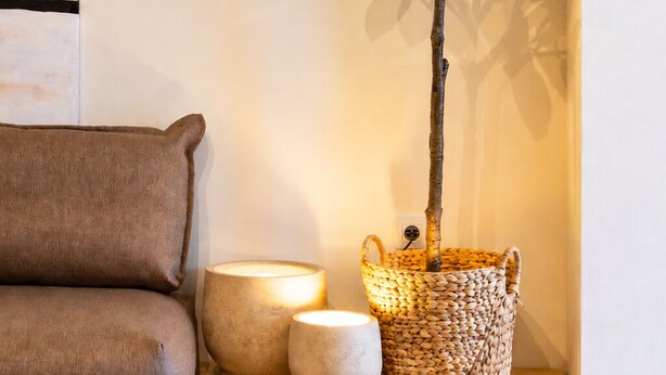 A wooden bench with a small tree and a woven basket, a cushion, and a round table with a light. - TenoHomes Luxury Hideaway, Buenavista (Buenavista del Norte)