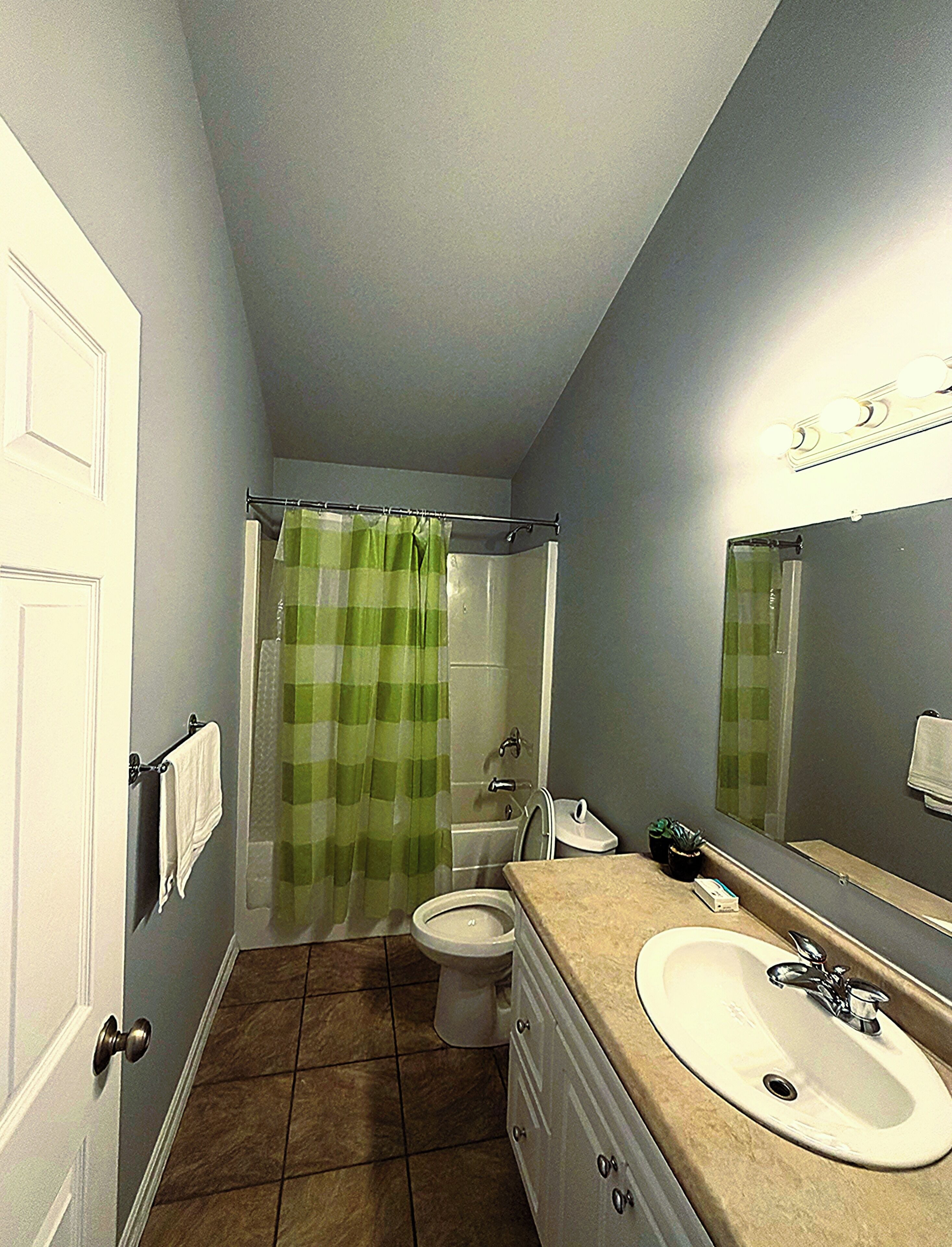Shower, jetted bath, towels, soap