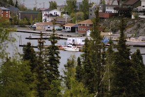 A marina with boats docked, surrounded by residential buildings and trees.