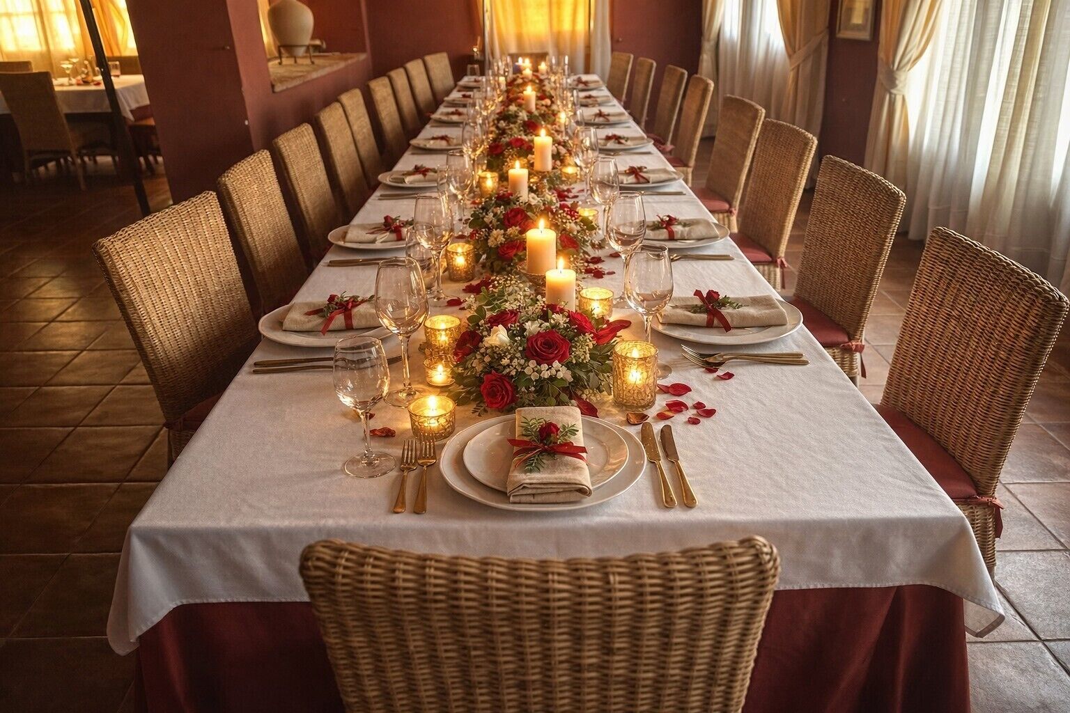 Een lange eettafel, gedekt met kaarsen, bloemen en servies in een formele setting.