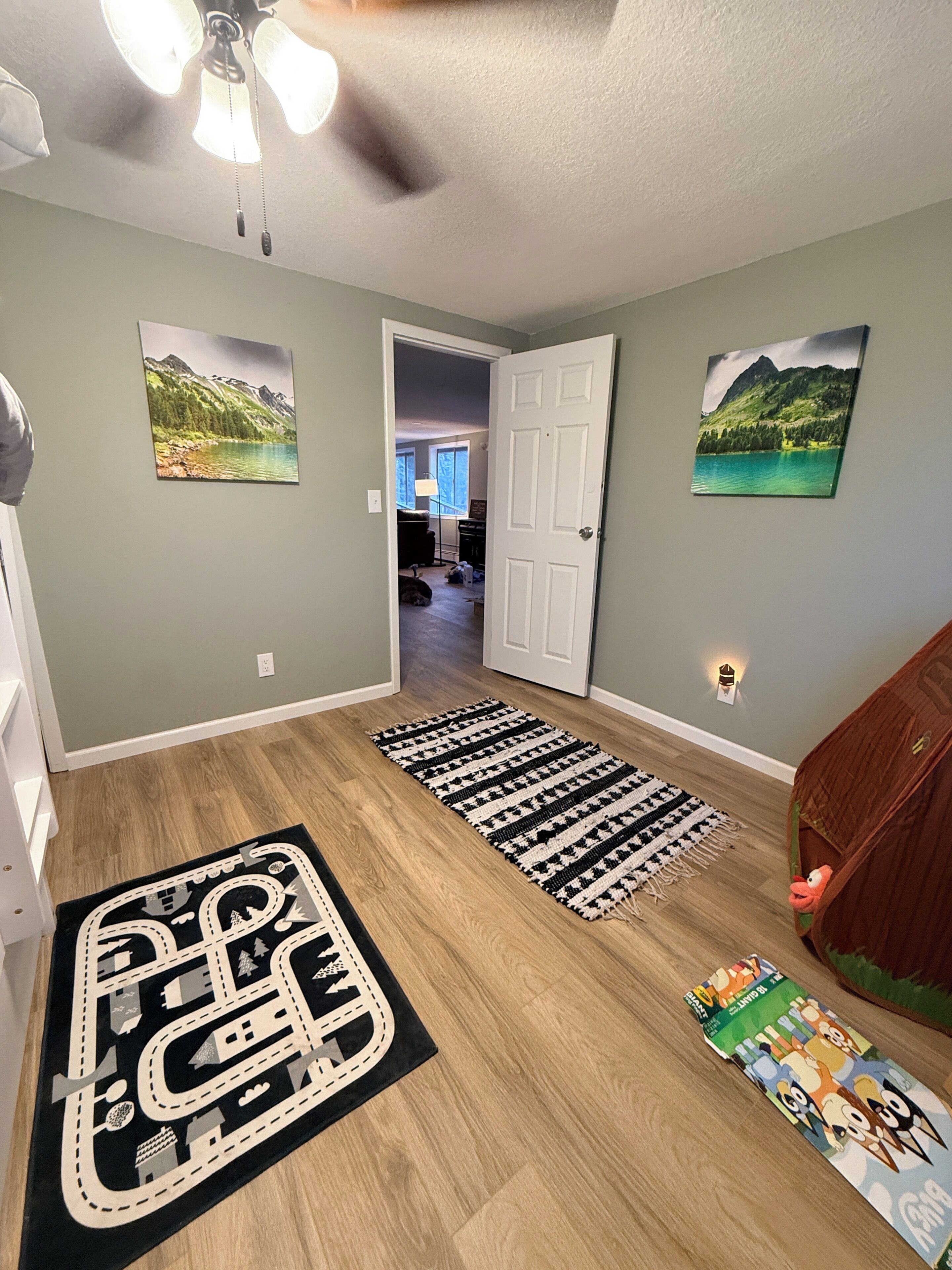 Un couloir avec un ventilateur de plafond, deux tableaux représentant des paysages, un plancher en bois, un tapis noir et blanc et un tapis coloré.