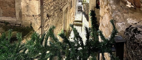 A narrow stone corridor with rustic wooden doors and a metal gate, leading to a view of a distant town.