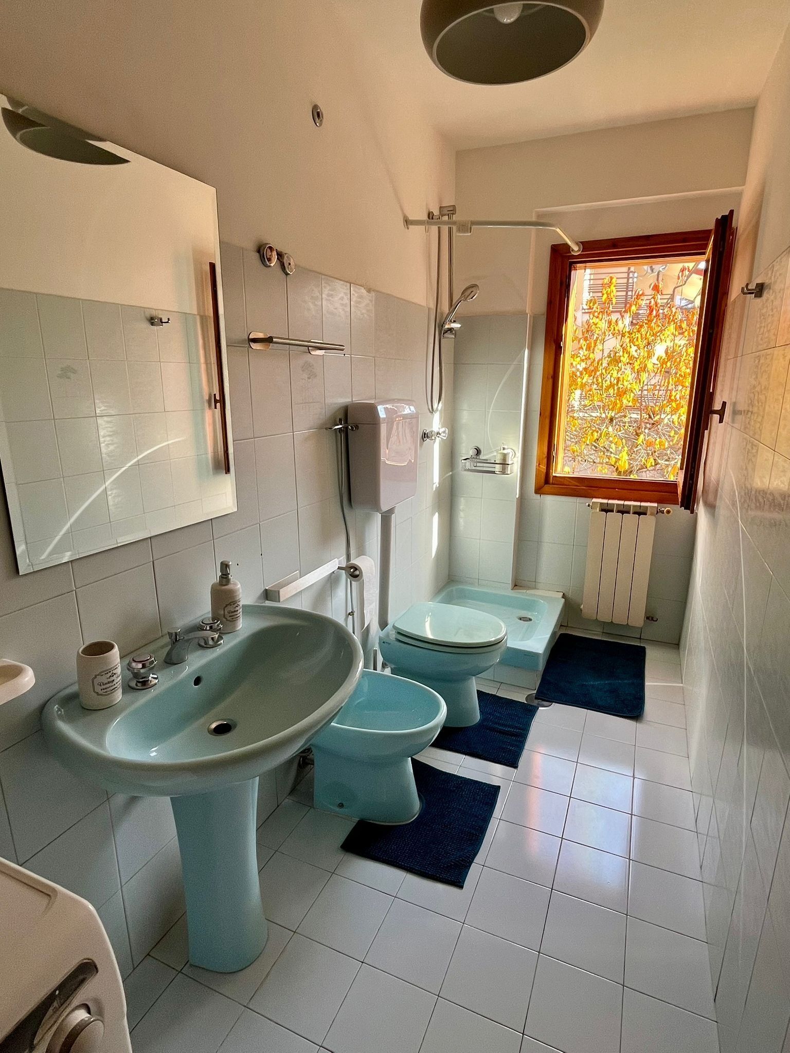 A bathroom with two sinks, a toilet, a shower, and a window with a view of trees.