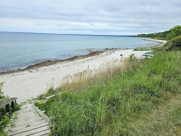 A beach with a wooden walkway leading to the shore, a sandy beach, and a grassy area. - Cottage in the front row to Sejerø Bay (Fårevejle)