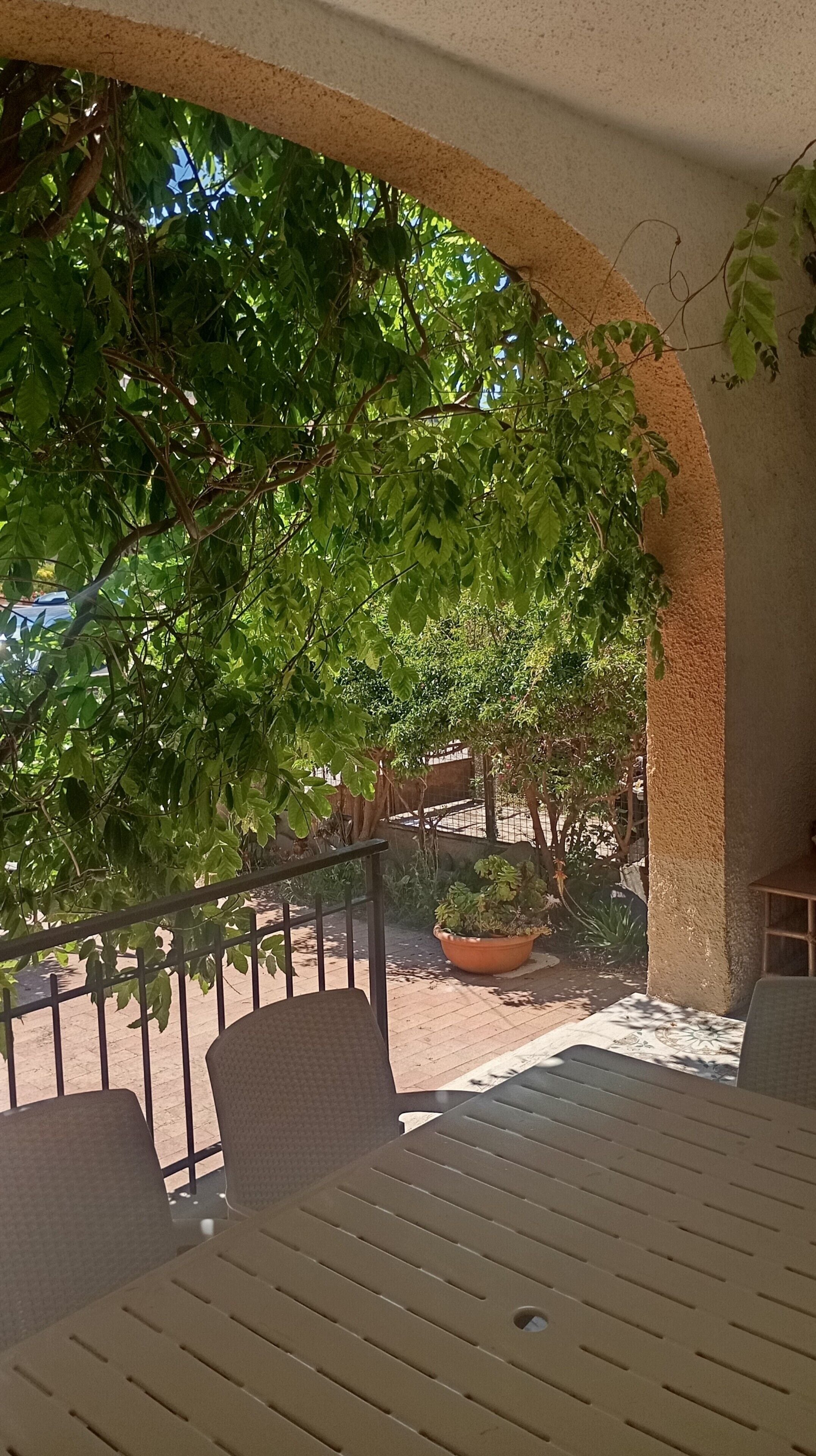 An outdoor patio area with a covered seating area, a potted plant, and a view of the surrounding greenery.