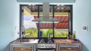 A kitchen with a gas stove, a built-in oven, a stainless steel sink, and a window with a view of greenery. - The Ceiba Villa by Otium (Aguas Claras)