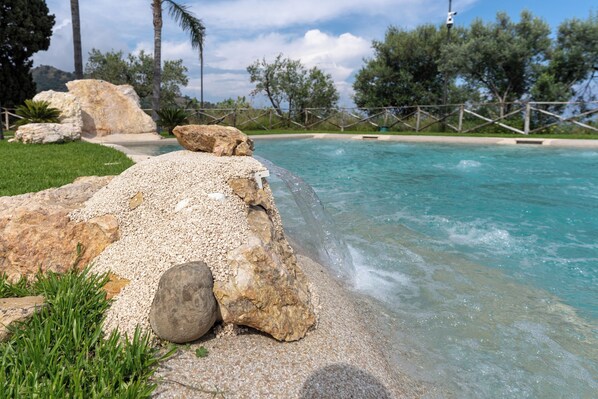 Ein Pool mit klarem Wasser, umgeben von Felsen und Pflanzen.