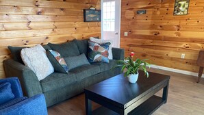 Una habitación acogedora con pared de madera, un sofá con cojines estampados, una mesa de centro con planta en maceta y una silla de madera.