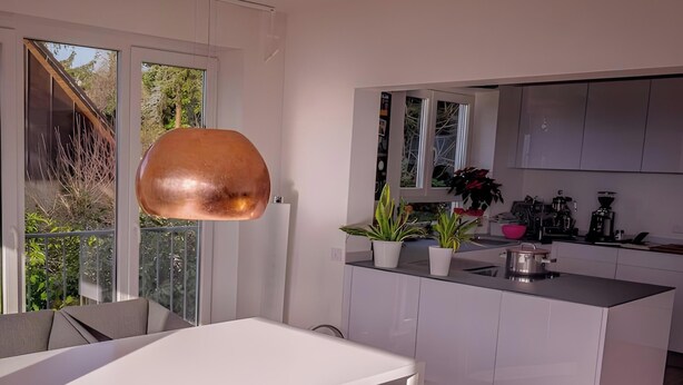 A modern kitchen with white cabinets, a central island, and potted plants.