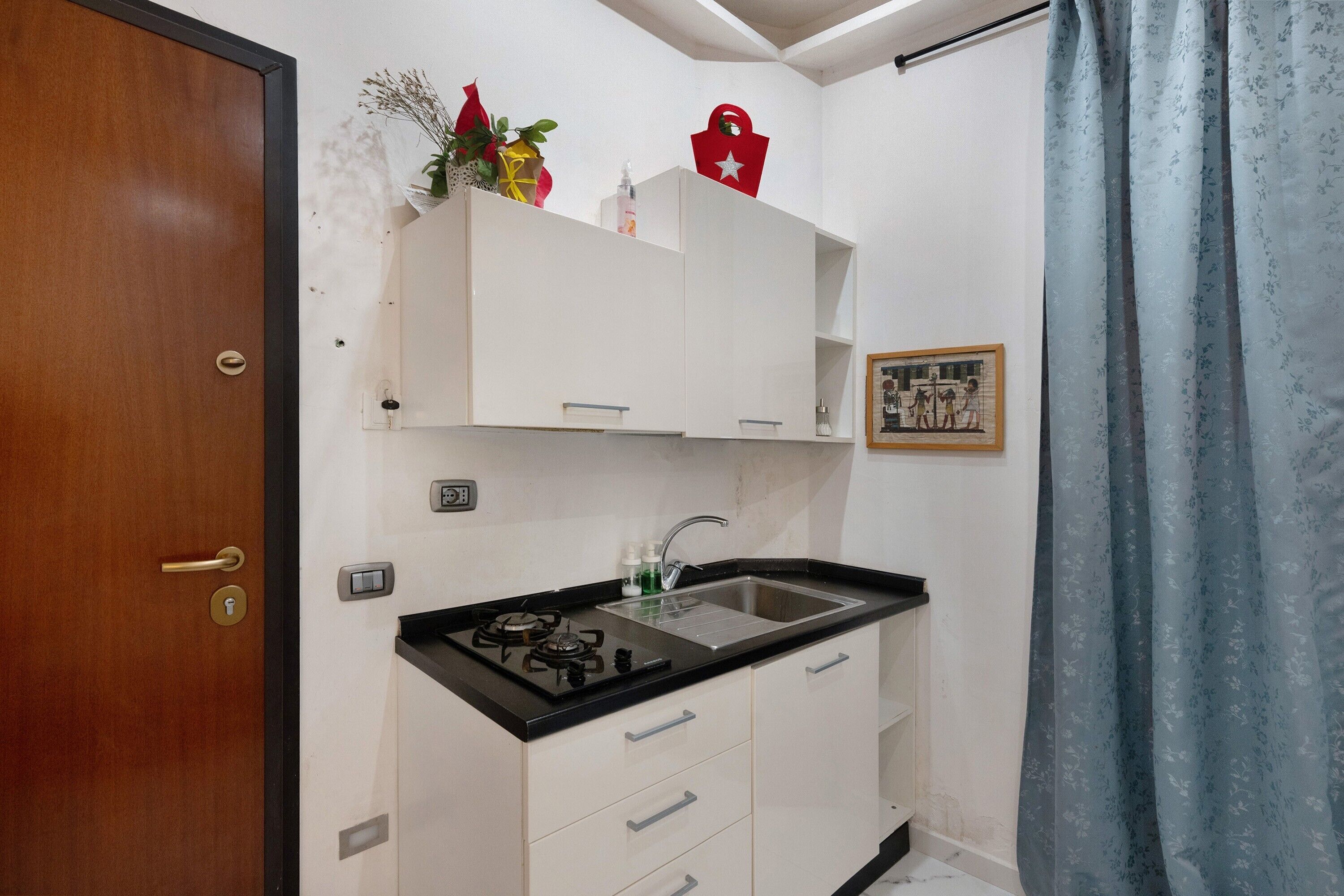 Kühlschrank, Mikrowelle, Herdplatte, Kochgeschirr/Geschirr/Besteck