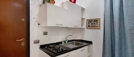 Fridge, microwave, stovetop, cookware/dishes/utensils