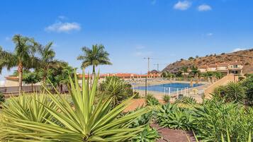 A resort with a swimming pool, palm trees, and a mountainous backdrop.