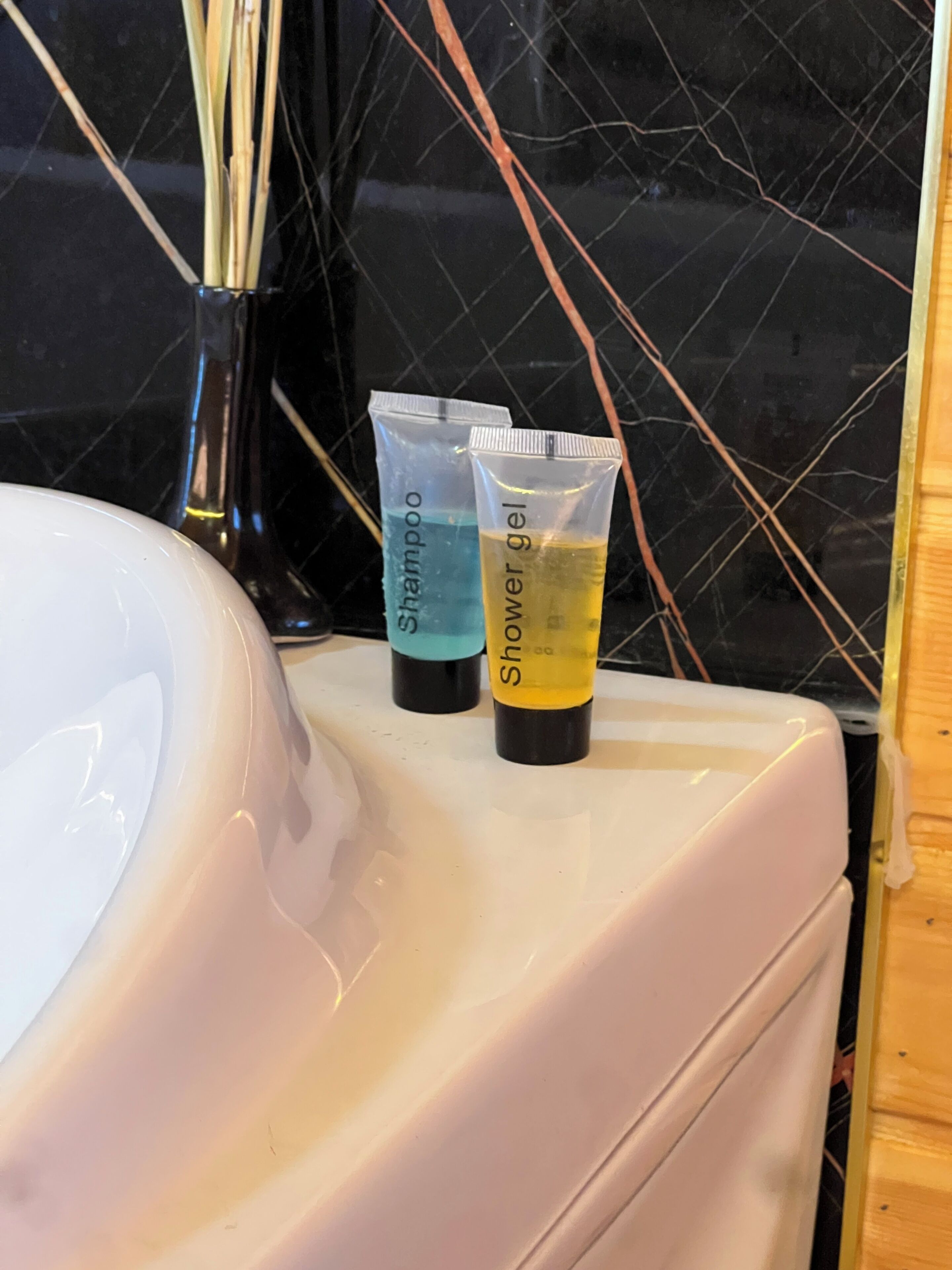 A bathroom sink with two toiletry containers labeled 'Shampoo' and 'Shower Gel' on a marble countertop.