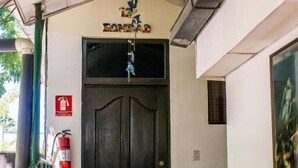 A hallway with a tiled floor, a black door, a fire extinguisher, and a potted plant.