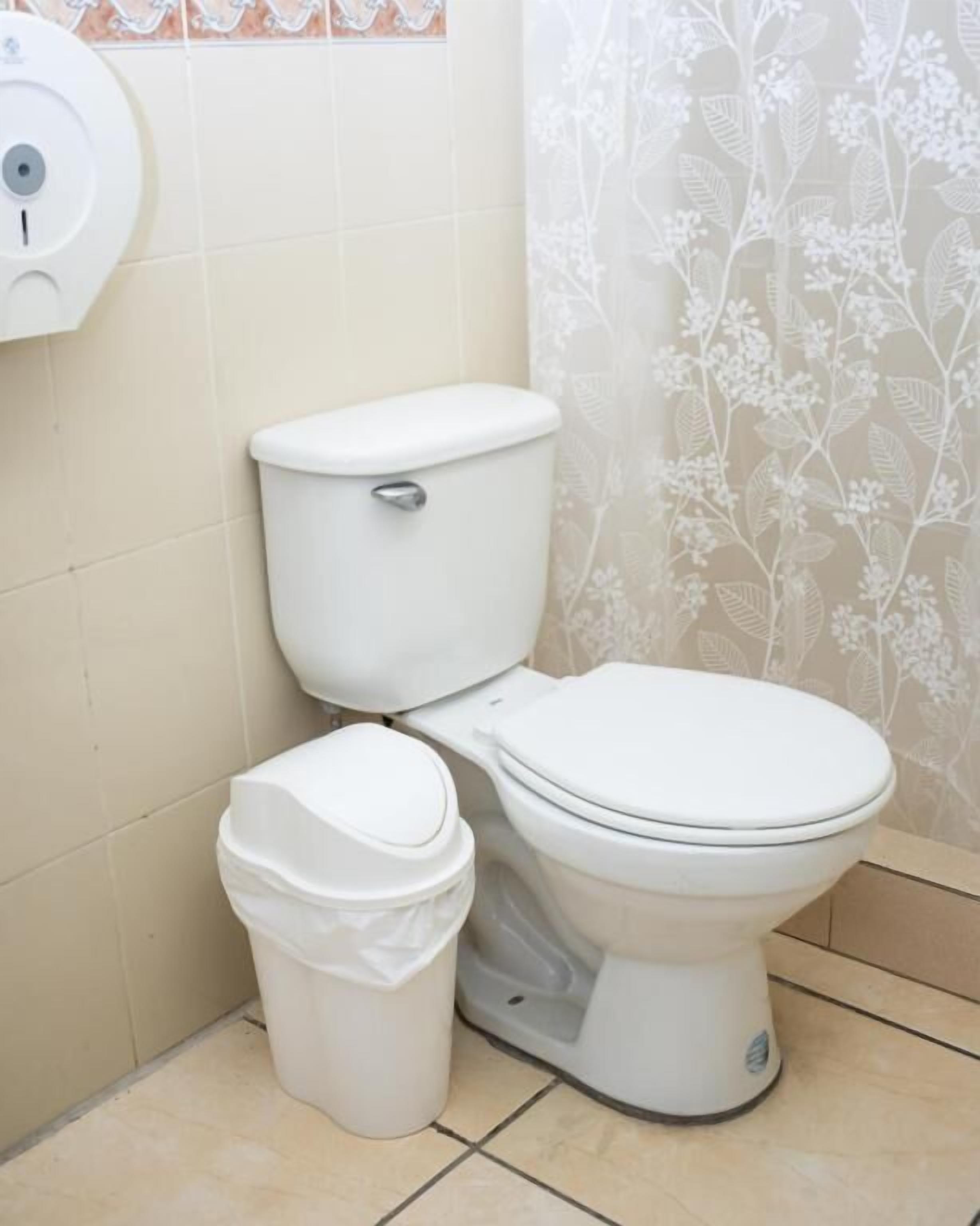 Lavabo amb un safata de brossa a costat, un dispensador de tovallons de paper a la paret i una cortina de bany amb motius florals.
