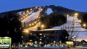 A snow-covered mountain with a ski slope, a building with a sign for 'Bonnmore', and a parking area.
