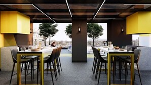 A modern restaurant with outdoor seating, a view of the city, and a contemporary interior design. - Centro Cívico - La Moneda - Domus Travels (Santiago)