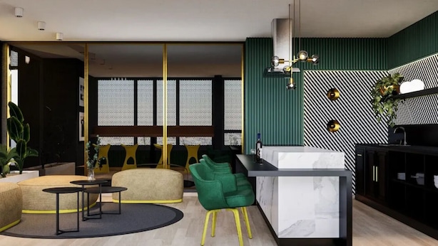 A modern interior with a kitchen island, seating area, and a large window. - Centro Cívico - La Moneda - Domus Travels (Santiago)
