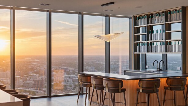 A high-rise bar with a city view, a large window, and a bar counter with stools. - Presidential Penthouse Private Infinity Pool (Miami)