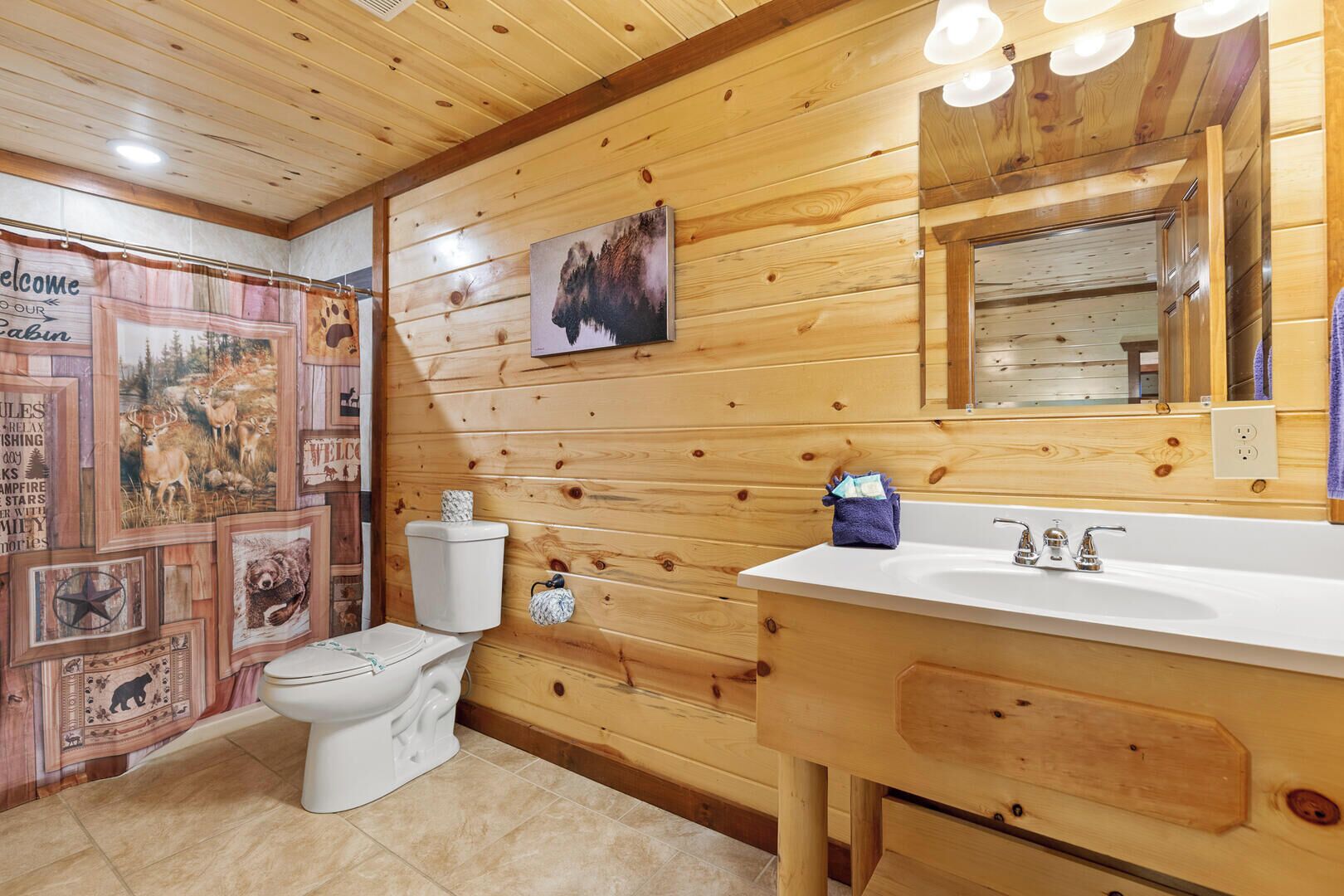 A wooden cabin bathroom with a toilet, sink, and mirror.
