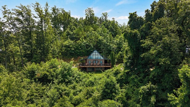 A cabin surrounded by dense forest, with a balcony and large windows. - A-Frame Mountain Retreat | Jaw-Dropping Smoky Mountain Views, Hot Tub & Arcade (Pigeon Forge)