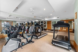 A gym with various cardio machines, a treadmill, and exercise balls.