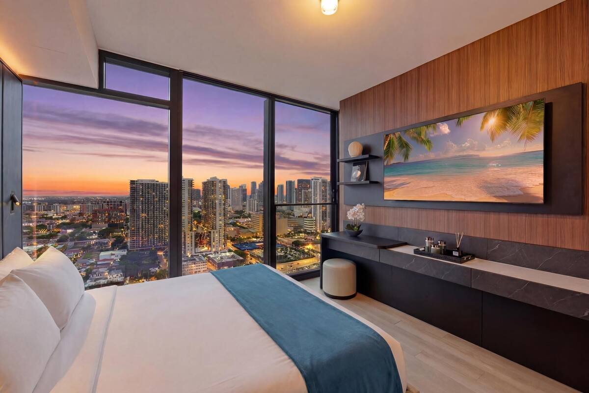 Quarto de hotel moderno com uma cama grande, vista para a cidade, TV na parede e uma pequena mesa lateral.