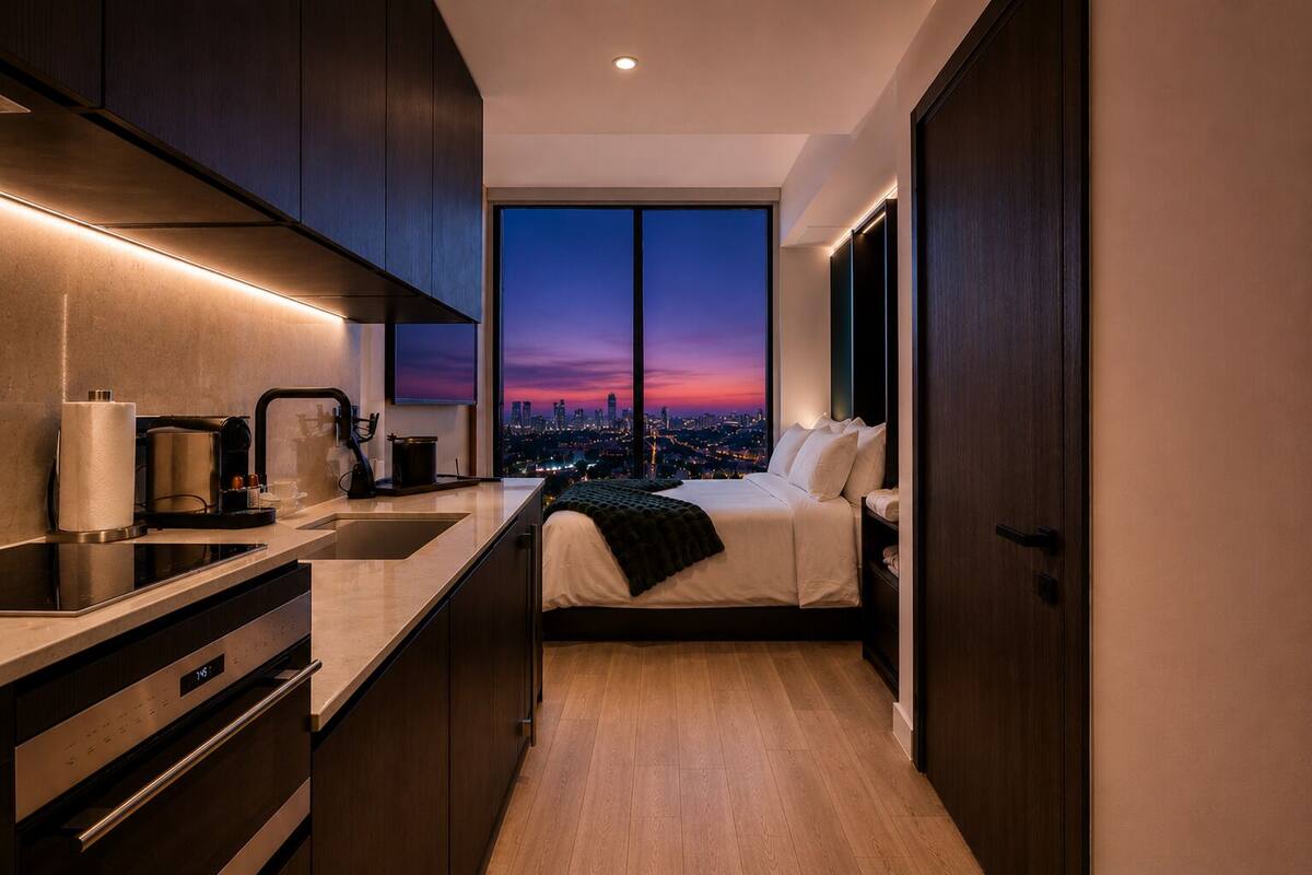 Quarto de hotel moderno com cozinha, cama e uma grande janela com vista para a cidade.
