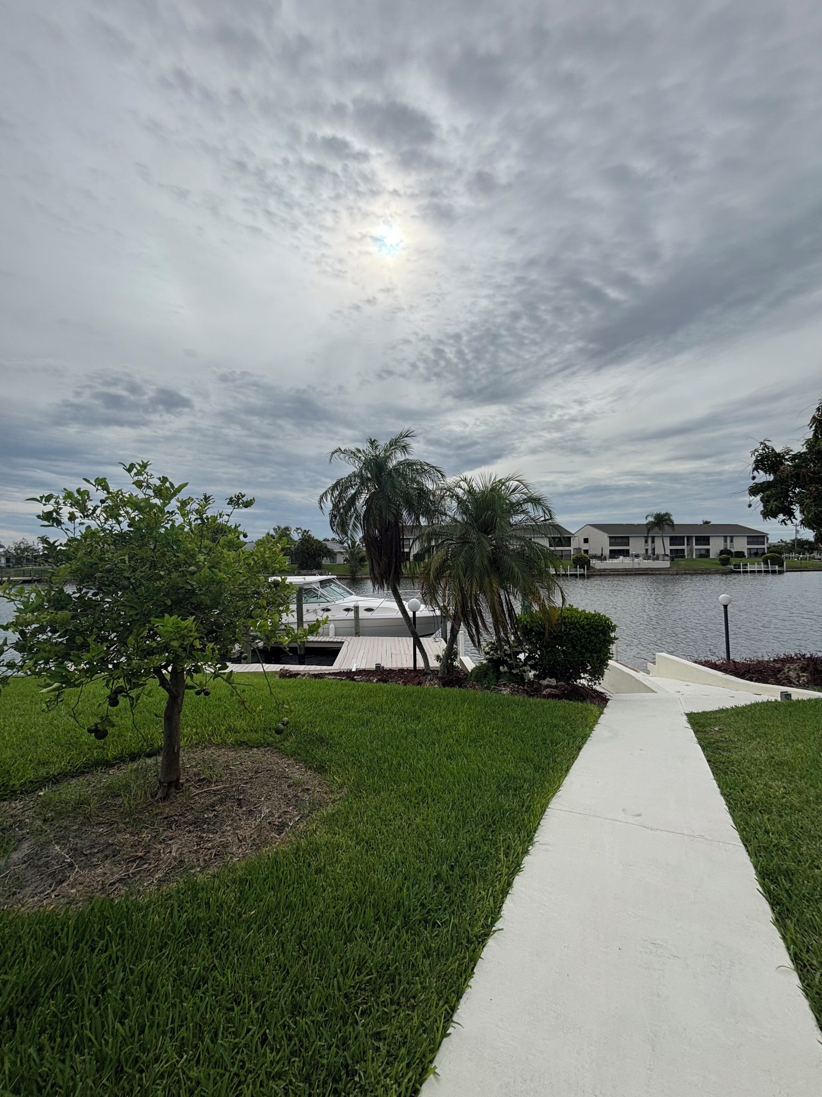 A pathway leading to a waterfront property with a grassy area, palm trees, and a body of water.