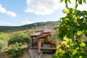 Una casa rústica con tejado de baldosas, una escalera de piedra y vistas a un viñedo.