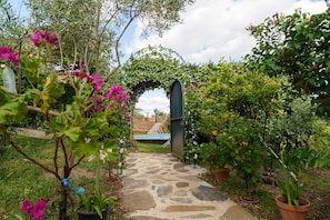 A stone pathway leading to a covered entrance, surrounded by lush greenery and flowering plants. - La Cabaña del Llano — private pool and garden on an Extremaduran estate, near Portugal (La Aceña de la Borrega)