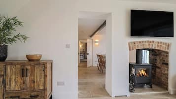 A living room with a fireplace, a television mounted on the wall, and a wooden cabinet with a plant.