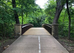 Eine Betonbrücke mit steinernen Pfeilern, umgeben von dichtem Grün.