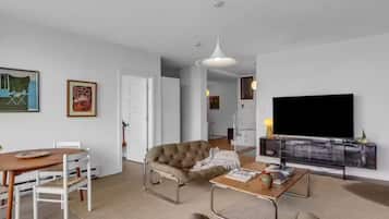 Smart TV, fireplace, books