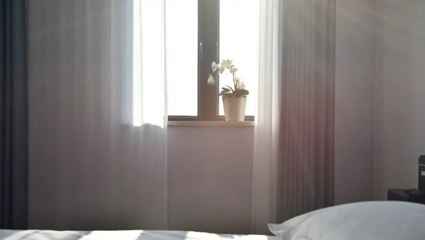 Un dormitorio con una cama, una ventana con cortinas y una planta en maceta sobre el alféizar.
