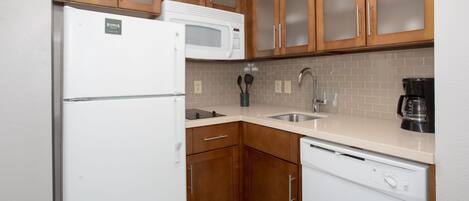 Fridge, microwave, cookware/dishes/utensils