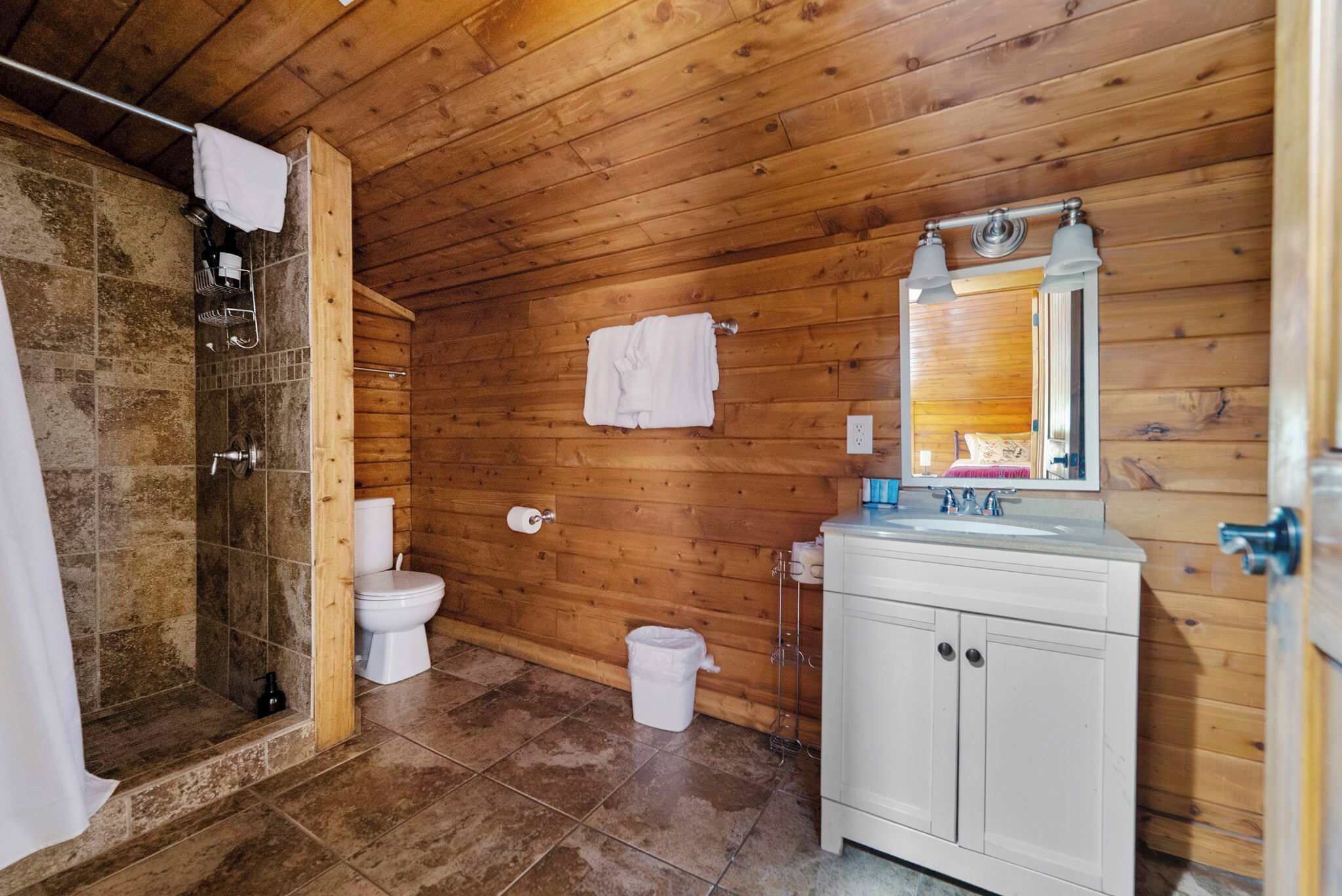 Shower, hair dryer, towels, shampoo