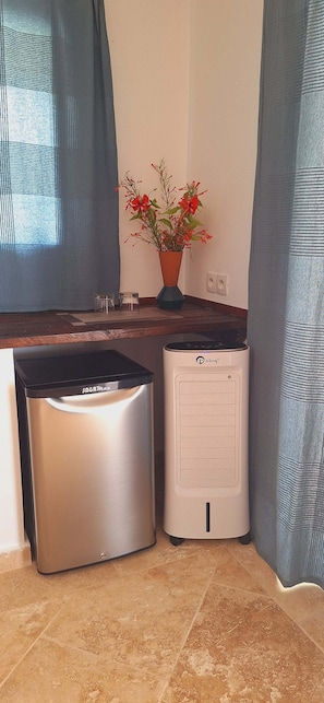 Una cocina con electrodomésticos de acero inoxidable y uno blanco, además de una planta en maceta sobre la encimera.