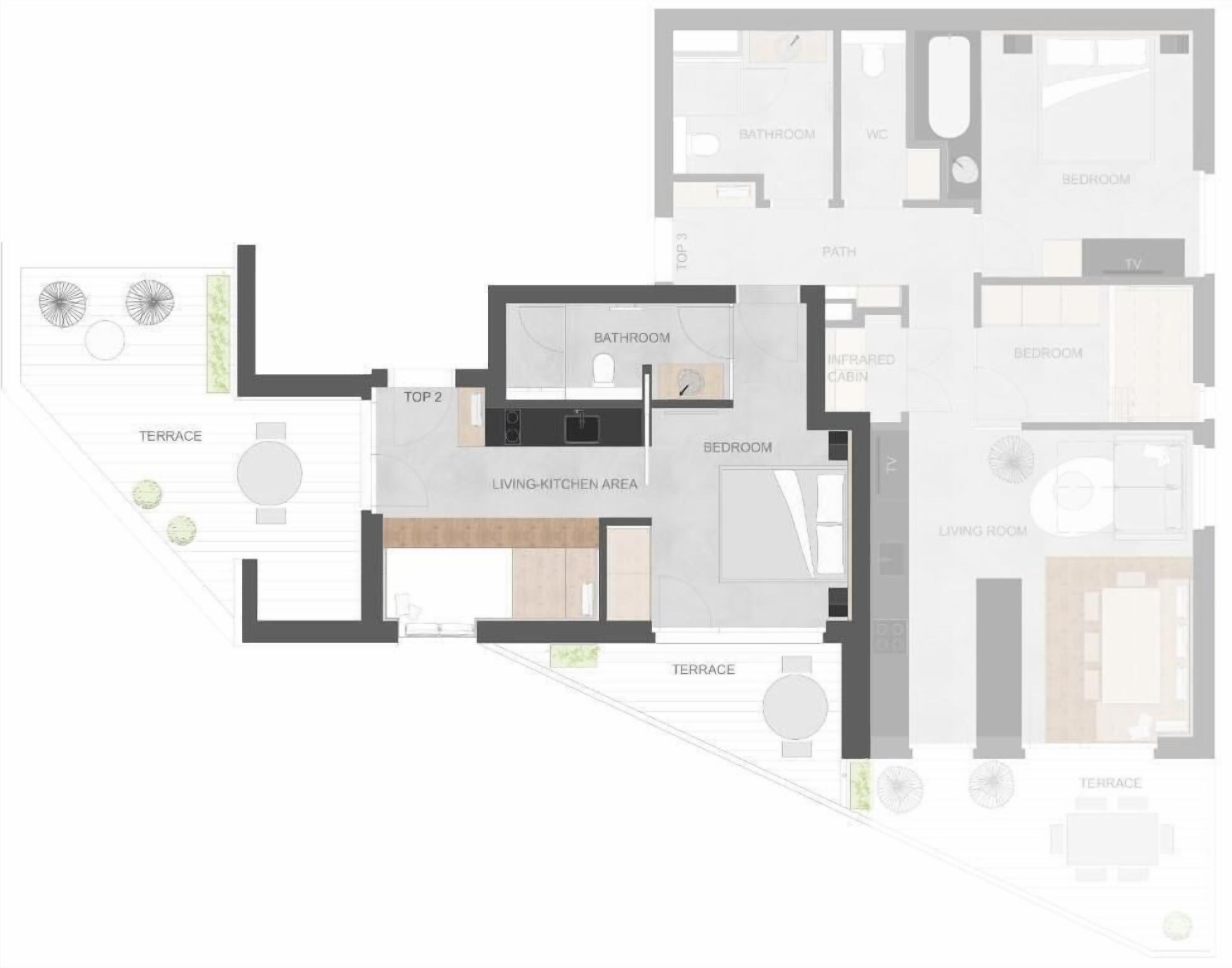 A floor plan with a living kitchen area, two bedrooms, a bathroom, and a terrace.