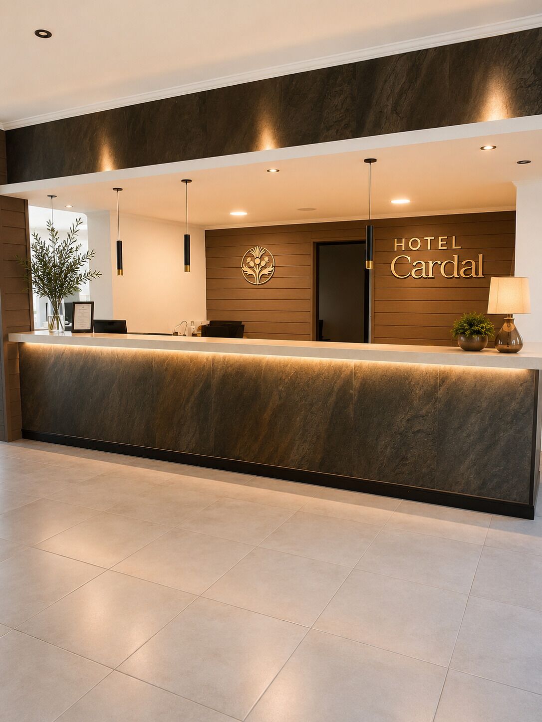 En moderne hotelreception med et logo på væggen og et skilt, der står 'HOTEL Cardal'.