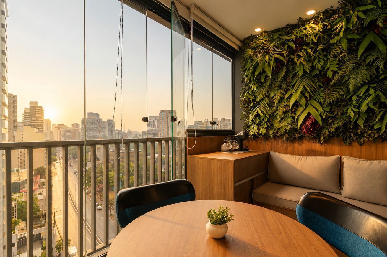 Ein Balkon mit Stadtblick, ein runder Tisch mit Pflanze und eine Sitzecke mit einer grünen Wand im Hintergrund.
