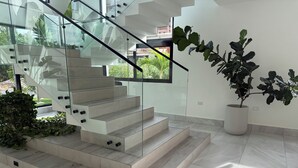 Una escala moderna amb barana de vidre i una planta en test.