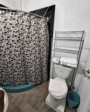 Douche, serviettes fournies, papier de toilette
